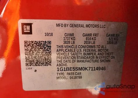 2019 Chevrolet Cruze Lt z USA, uszkodzony, nr VIN 1G1BE5SM0K7114946